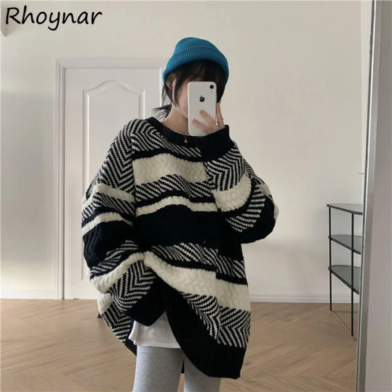 

Striped Baggy Pullovers Women Ulzzang Bf Unisex Knitting Streetwear Winter Thick Clothes Females All-match Vintage Designer New