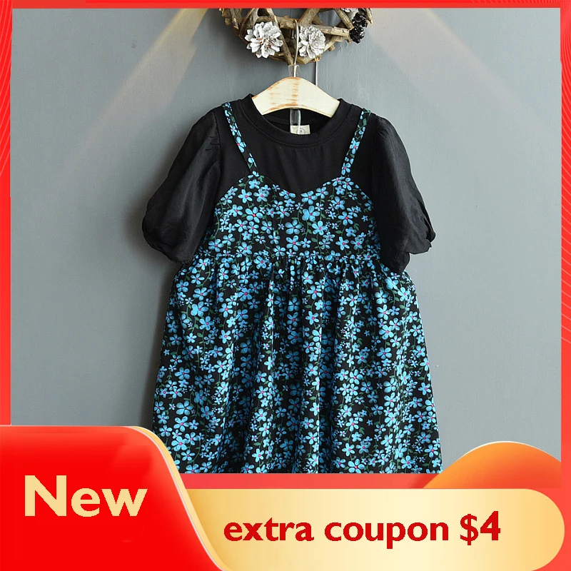 

KEAIYOUHUO New Arrival Summer Children Clothes Floral Fake Two Piece Dress Fashion Baby Priness Gown Toddler Girl Clothes 1-6 Y