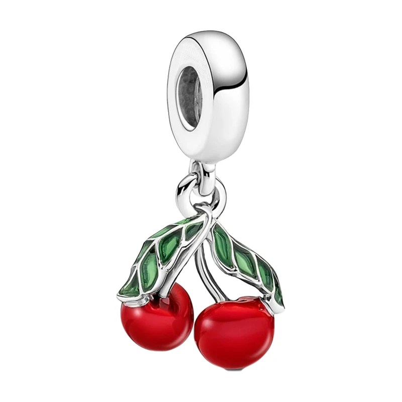 

Silver 925 Original Pendants Charms For Bracelets Women Asymmetrical Red Cherry Fruit Green Leave Enamel DIY Fine Jewelry Making
