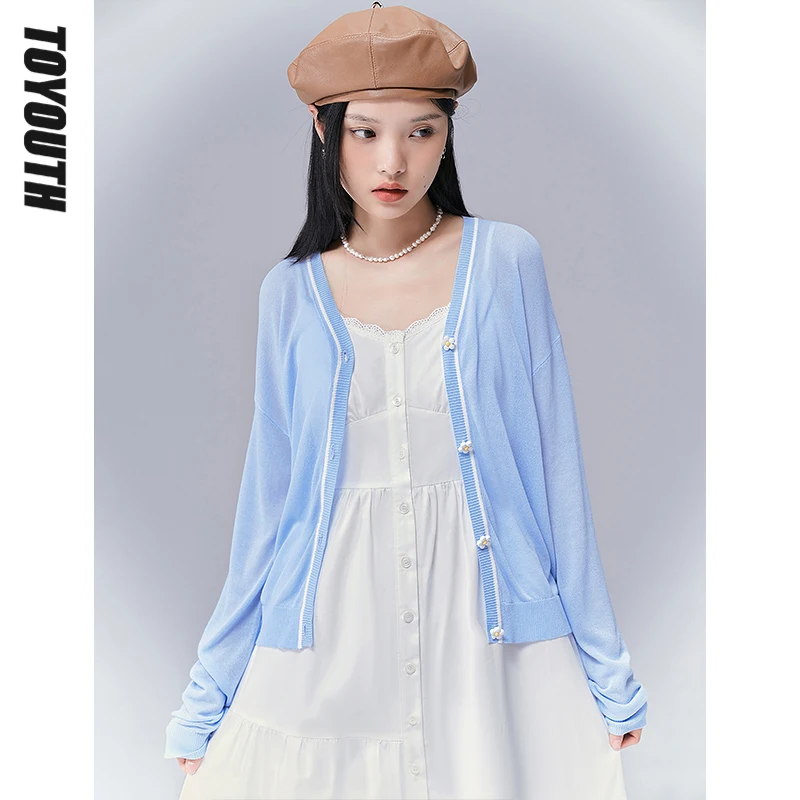 

Toyouth Women Knits 2022 Summer Long Sleeve V Neck Loose Solid Light Blue Flower Button Elegant Vintage Tops