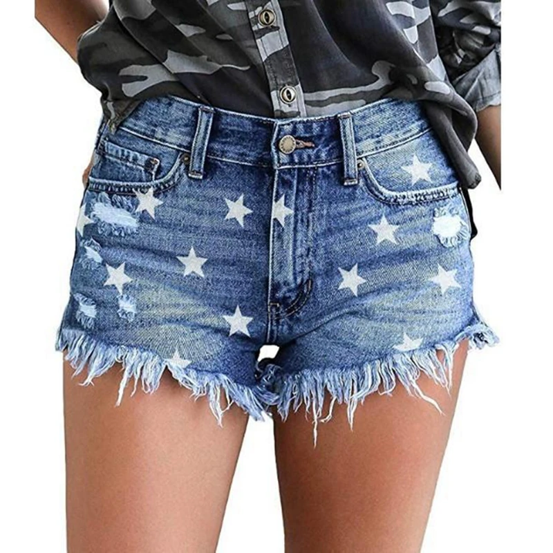 Summer Denim Short Jeans Women Sexy Print Tassel High Waist Hole Ripped Shorts Blue Fashion Casual Plus Size Denim Shorts Y2k