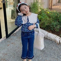 spring autumn girls clothes girl big turn down collar blousebell bottomed denim pant 2pcs casual clothing suits kids costumes