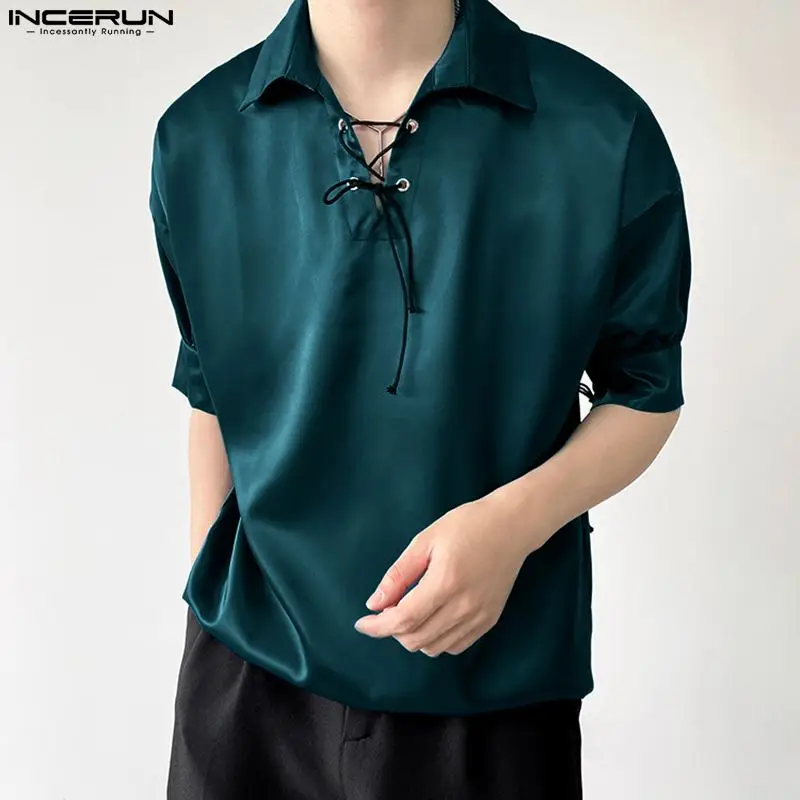 

Рубашка INCERUN Мужская однотонная с отложным воротником, уличная одежда с короткими рукавами, на шнуровке, из искусственного атласа, удобная с...