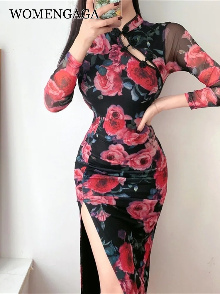 

Women Fairy 2021 Retro Cheongsam Maxi Long Dress Slim Skinny Hip Printed Split Mesh Dresses Sexy Korean Elegant Flowers Q4ZN