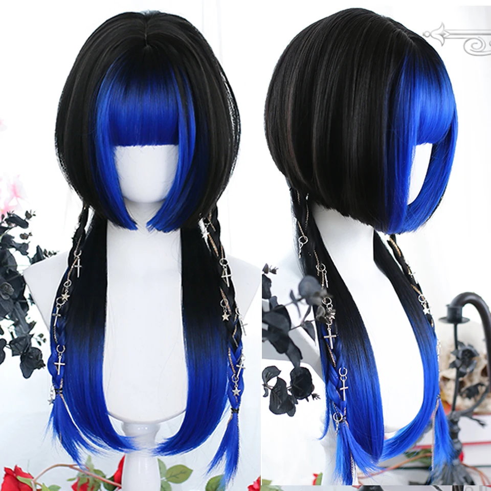 HOUYAN Long Straight Hair Synthetic Wig Girly Bangs Blue Black Ji Hair Lolita Cosplay Natural Wig Party Wig