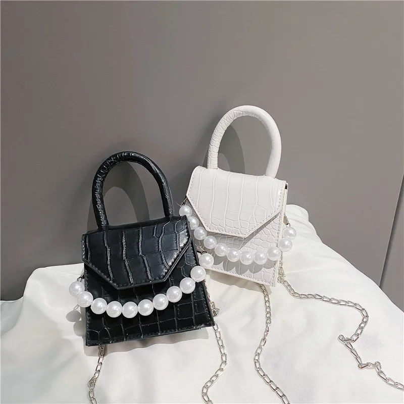 

New Korean Mini Women's PU Snap Bag Shoulder Messenger Bag Chain Small Square Bag Lipstick/Mobile Phone Storage Beads Handbag