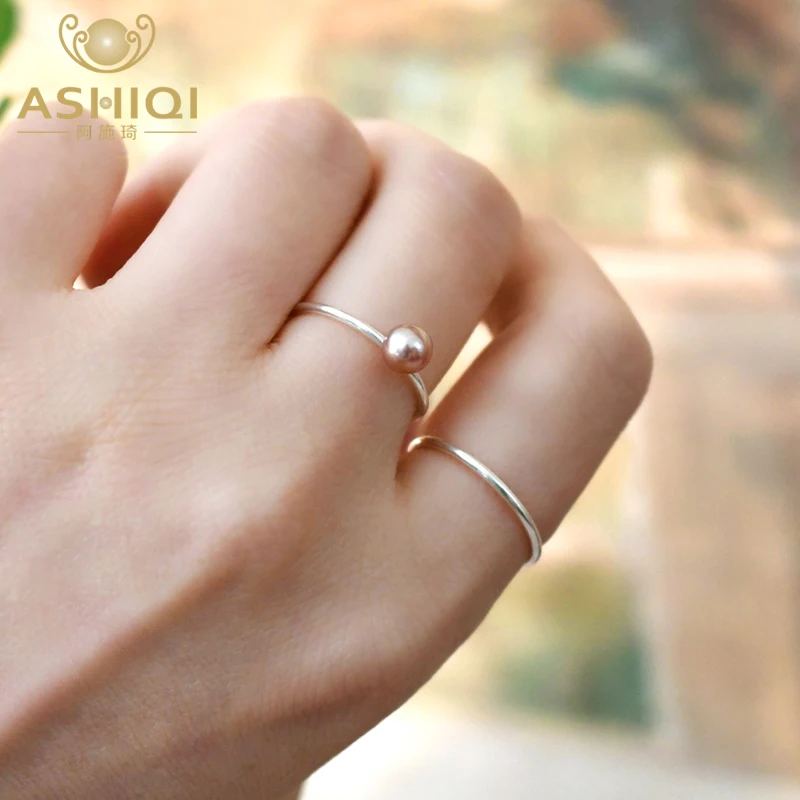 

ASHIQI Real Natural Freshwater Pearl 925 Sterling Silver Ring Women's Jewelry Fashion Gift