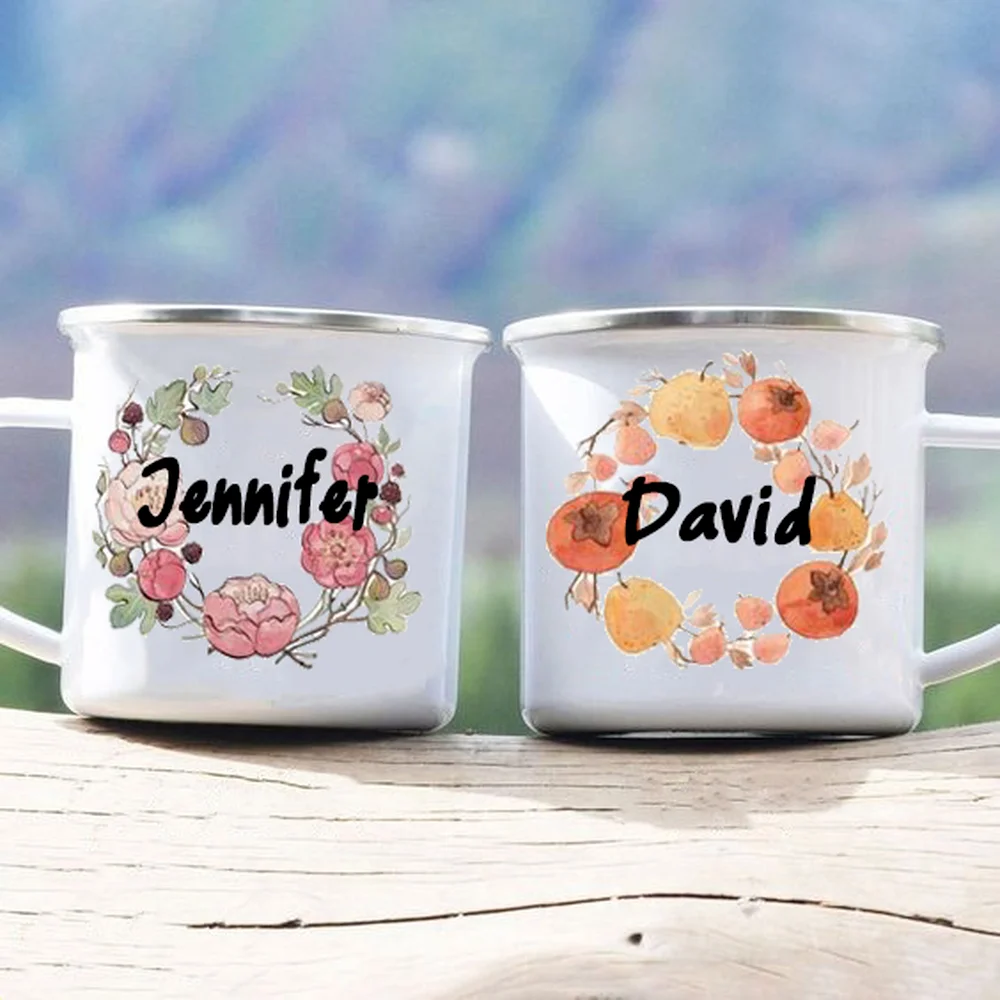 

Personalised Flowers Print Enamel Mug Coffee Cup Drinks Water Milk Cups School Home Custom Name Mugs Wedding or Bridesmaid Gifts