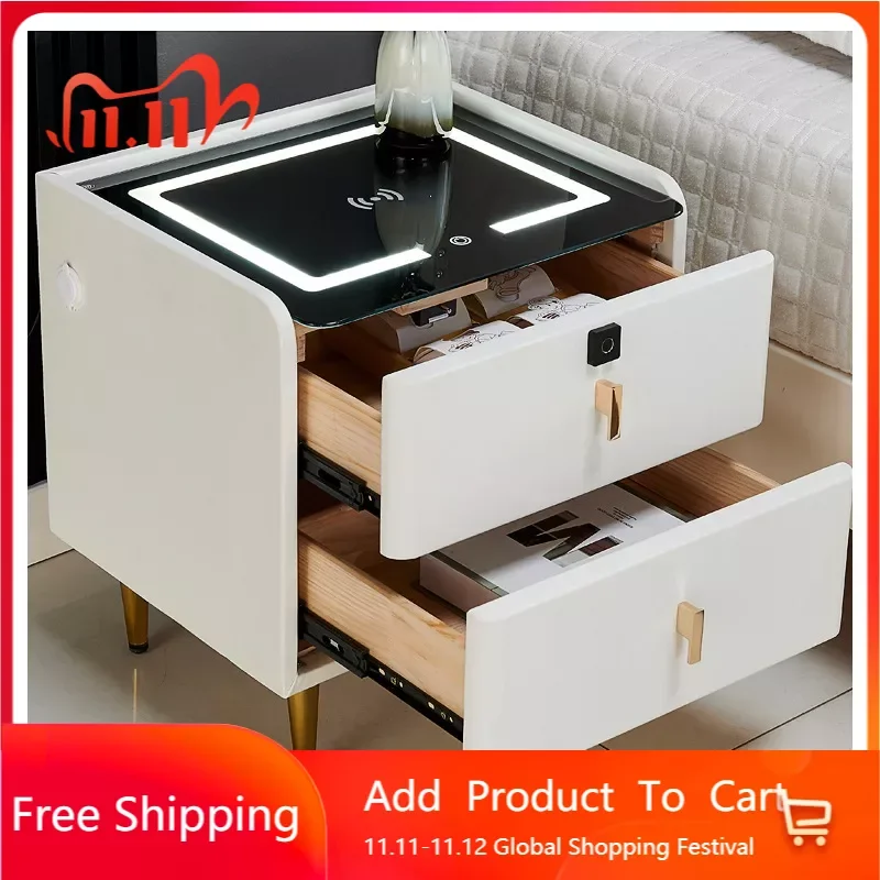 

Wood Nightstands with Wireless Charging Bluetooth Speaker LED Bedroom Side Cabinet Leather Smart Bedside Table Modern Style