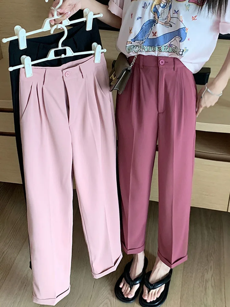 

S-XL 3Colors korean style suit straight trouser female Summer 2022 Summer high waist Roll Up Straight long pants womens (77078)