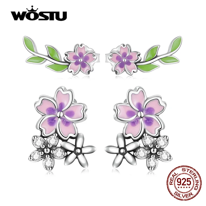 

WOSTU 925 Sterling Silver Plants Purple Pink Flower Green Leaf Stud Earrings For Women Fashion Party Jewelry Gift CQE1391
