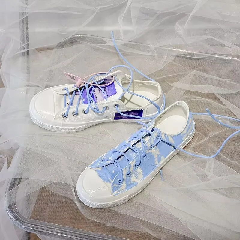 

Low top canvas small white shoes handmade custom blue and white painting ribbon sports walk plus size women 35-44