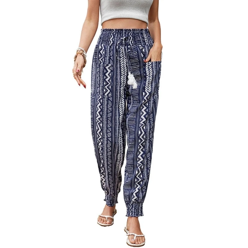 

Women Summer High Waisted Cloth Pattern Pant Csual Printed Pencil Trousers Loose-Fit Coloe Trousers for Daily Wearing