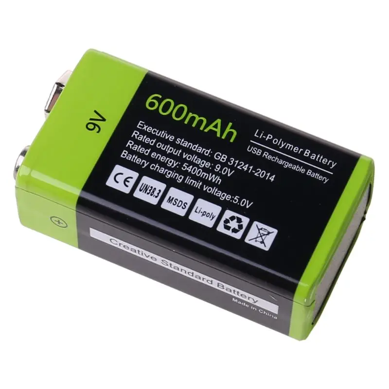

R2LB 9V 600mAh USB Rechargeable 6F22 Lipo Battery for Multimeter Microphone Remote