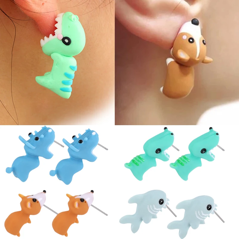 

2pcs Cute Creative Cartoon Animal Stud Earrings Synthetic Resin Dinosaur Shark Dog Ear Biting Earring Girl Funny Jewelry Gifts