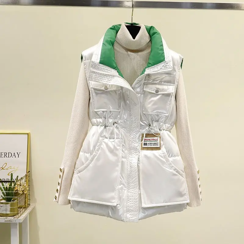 

Hot Selling Women 2022 New Fashion Cotton-padded Pocket Padded Waistcoat Solid Color Sleeveless Female Outerwear Streetwear T64