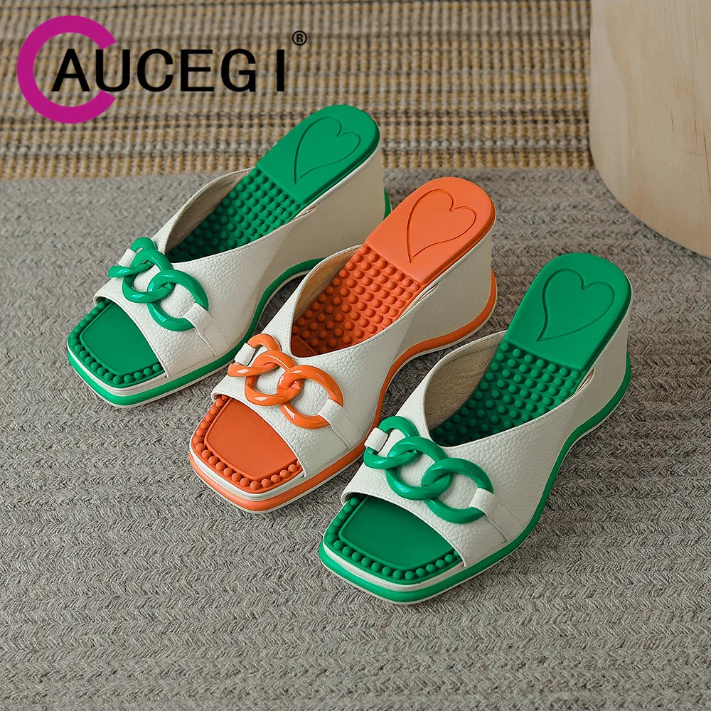 

Aucegi Hot Sale Fashion Square Toe Wedge Sandals Slippers Women Platform Sexy High Heels Summer Modern Chain Party Dress Shoes
