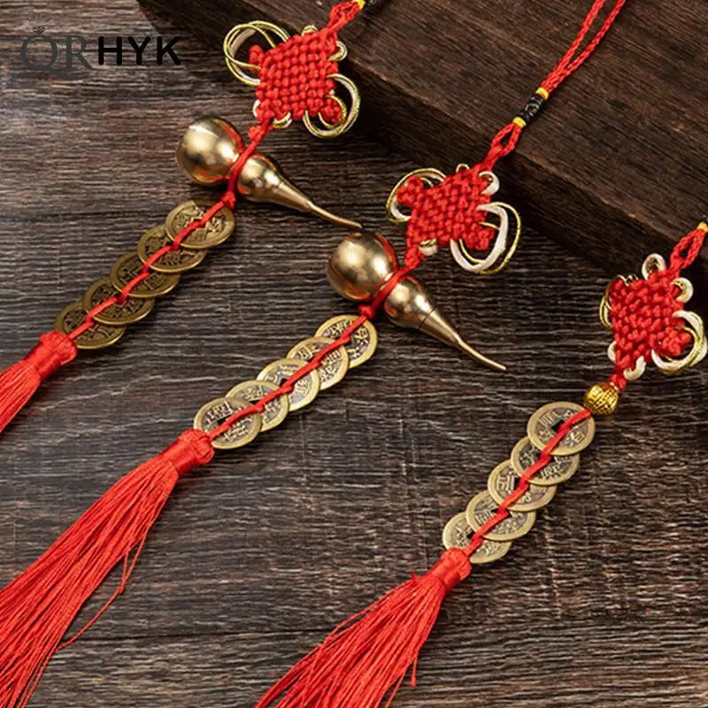 

1Pcs Brass Chinese Knot Lucky Gold Rim Red Five Emperors Money Tassels Bronze Coin Auspicious New Year Car Decoration Pendant