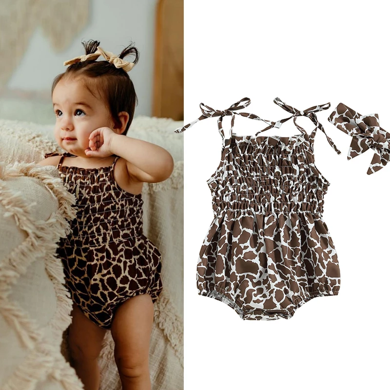 

Newborn Baby Girls Clothes Summer Casual Romper Sleeveless Sling Cow Print Playsuit with Bownot Headband Jumpsuit Outfit Set