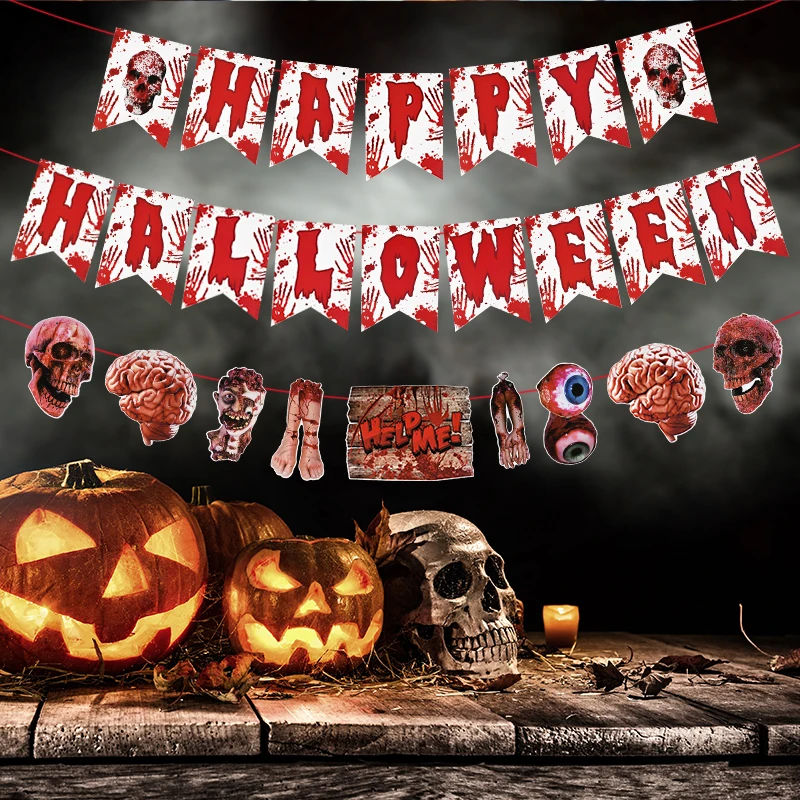 Баннер на Хэллоуин Кровавая рука нога череп скелет бумажный баннер пила Череп