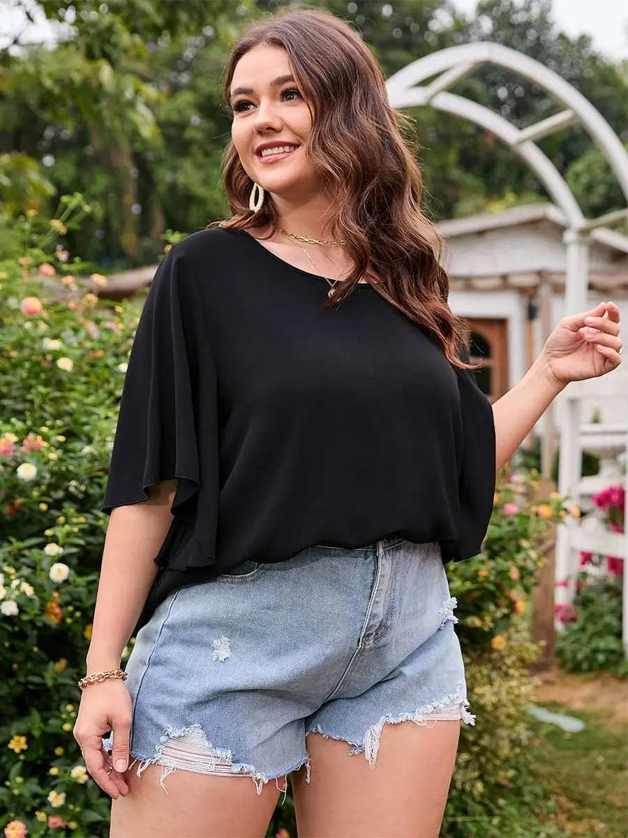 Large Plus Size 4XL Tops Women Half Sleeve O Neck Cotton Solid Black Oversized T-shirts Summer 2023 Elegant Curvy Loose Blouses