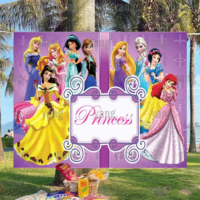 

Happy Disney Princess Purple Backgrounds Decoration Banner For Girls Birthday Party Photography Shootings Backdrops Supplies