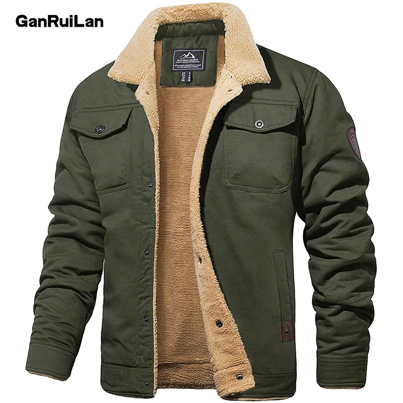 Winter Warm Cotton Jackets Mens Sherpa Trucker Military Parka Green Tactical Cargo Coats Clothes Overcoats B01624