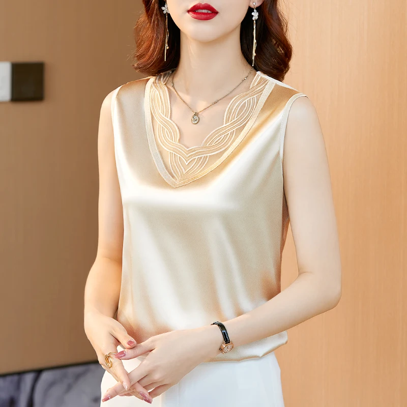

Satin Blouse Women Sleeveless Top Women Vest Silk V-Neck Sexy Blouse Fashion Elegant Lace Tank Top Solid Basic OL Ladies Blouses