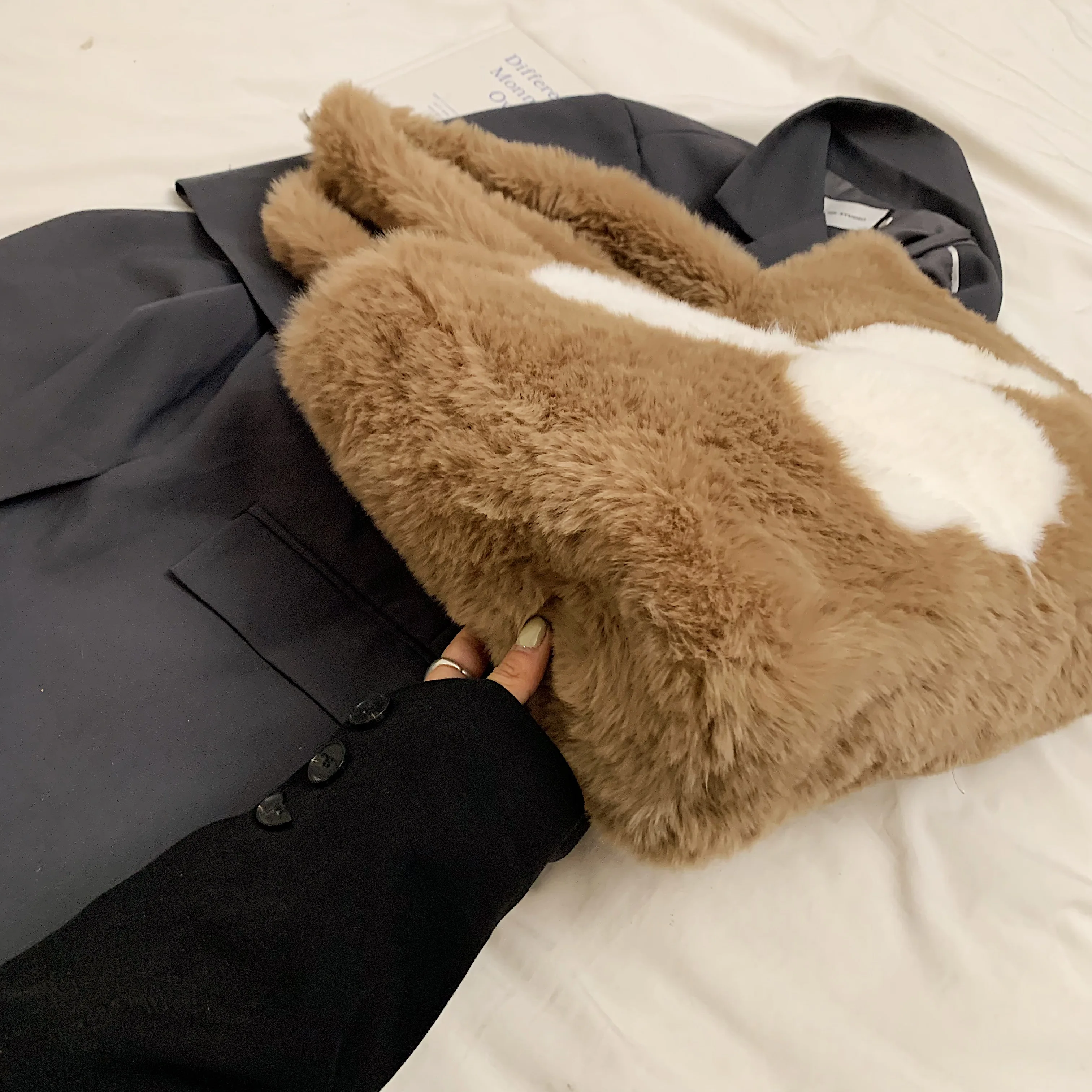 Милая Складная Сумка-тоут Из Искусственного Кроличьего Меха С Ушками.