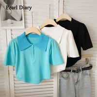 pearl diary spring summer knitting t shirt turndown collar zipper be all match top women simple style thin short sleeves tops