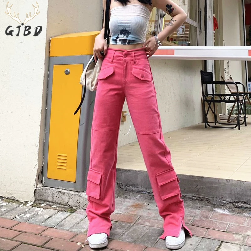 

Pink Womans Cargo Jeans High Waist Summer Wide Leg Denim Trouser Baggy Streetwear Chic Design Ladies Vintage Straight Jean Pants