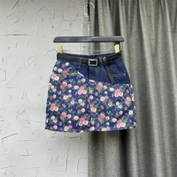 2022 summer new korean style womens clothing pink printing denim skirt contrast color a line mini skirts ladies jeans skirt