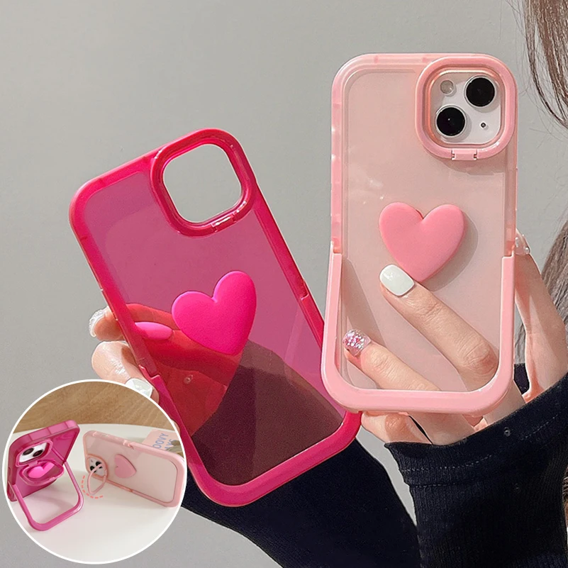 

Japan Cute 3D Love Heart Camera Lens Invisible Bracket Phone Case For iPhone 13 Pro Max 12 11 X XR XS Soft Protective Back Cover