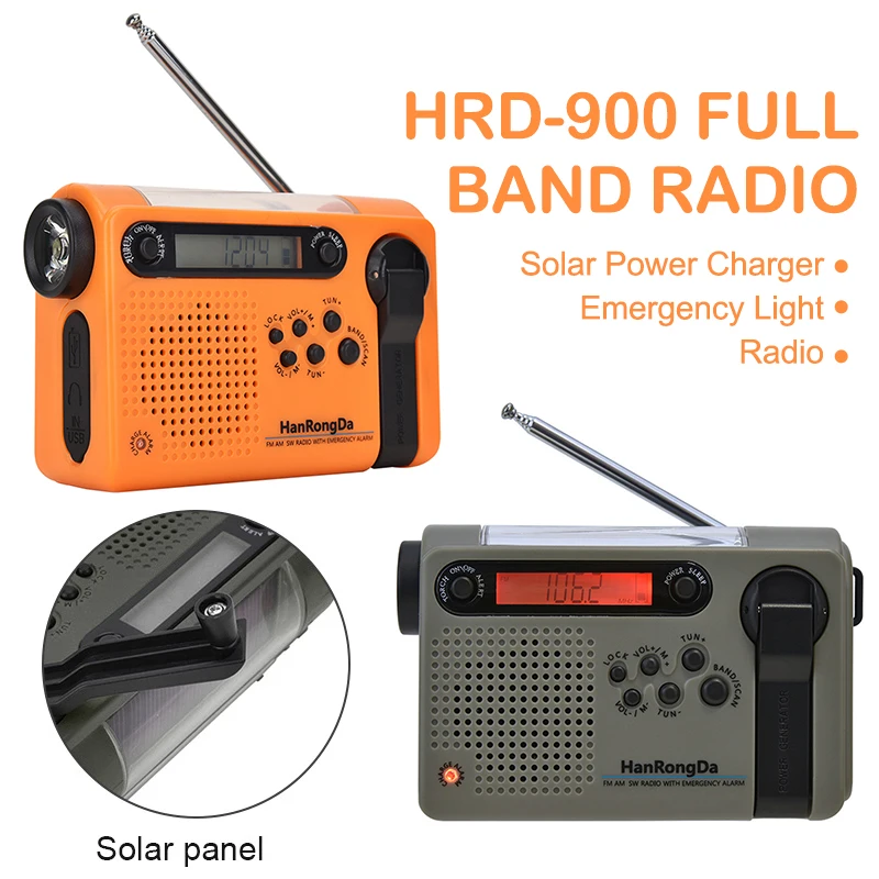 

HRD900 Multifunctional Portable Full Band Solar Powered AM/FM Weather Radio Emergency LED Flashlight Lamp Power for Outdoor Camp
