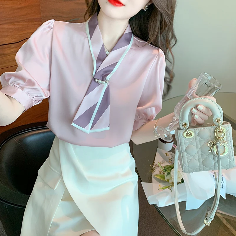 

Summer Women Blouse Korean Fashion New Bow Tie Poplin V Neck Solid Color Casual Short Sleeve Top Movafag