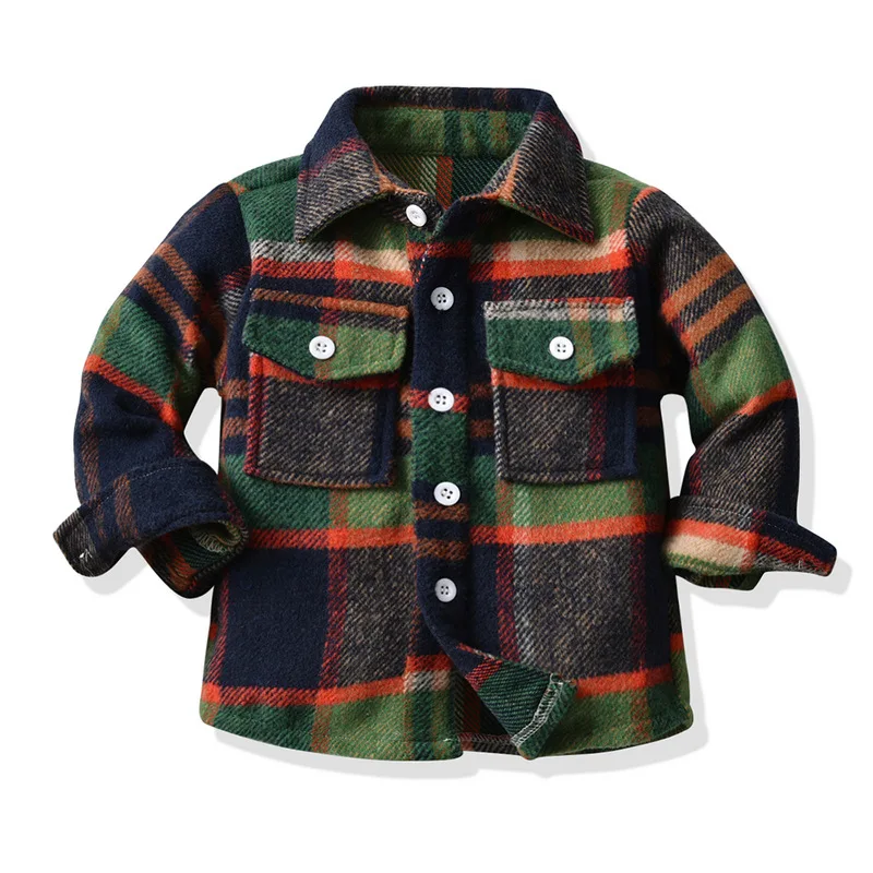 

2022 Spring Children's Fashion Neutral Plaid Shirts Boys Girls Long-sleeved Brushed Cotton Short Cardigan Shirts 9M-14t