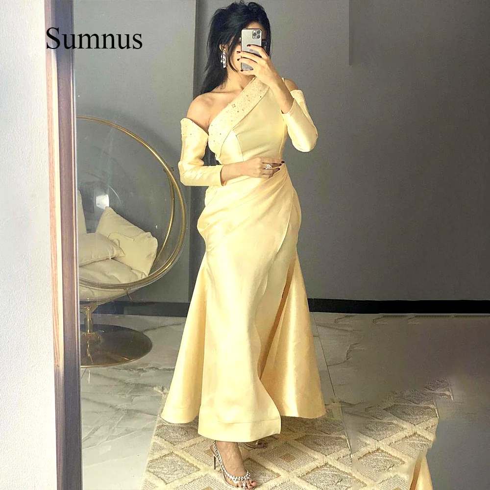

Saudi Arabic Banquet Gown One Shoulder Pleats Satin Floor Length Evening Dresses Elegant Dubai Gowns for Women Custom Made