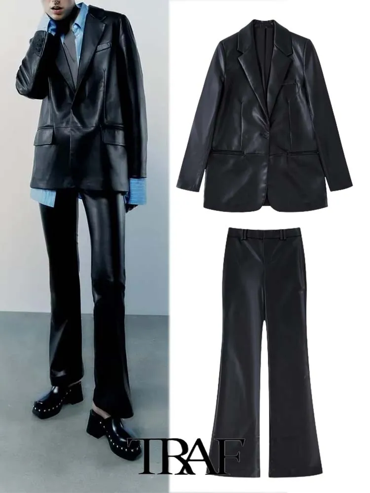 

TRAF 2022 Woman 2 Piece Set Blazer Pants Suit OL Faux Leather Unisex Blazer+Faux Leather Flared Pants Causal Outfits