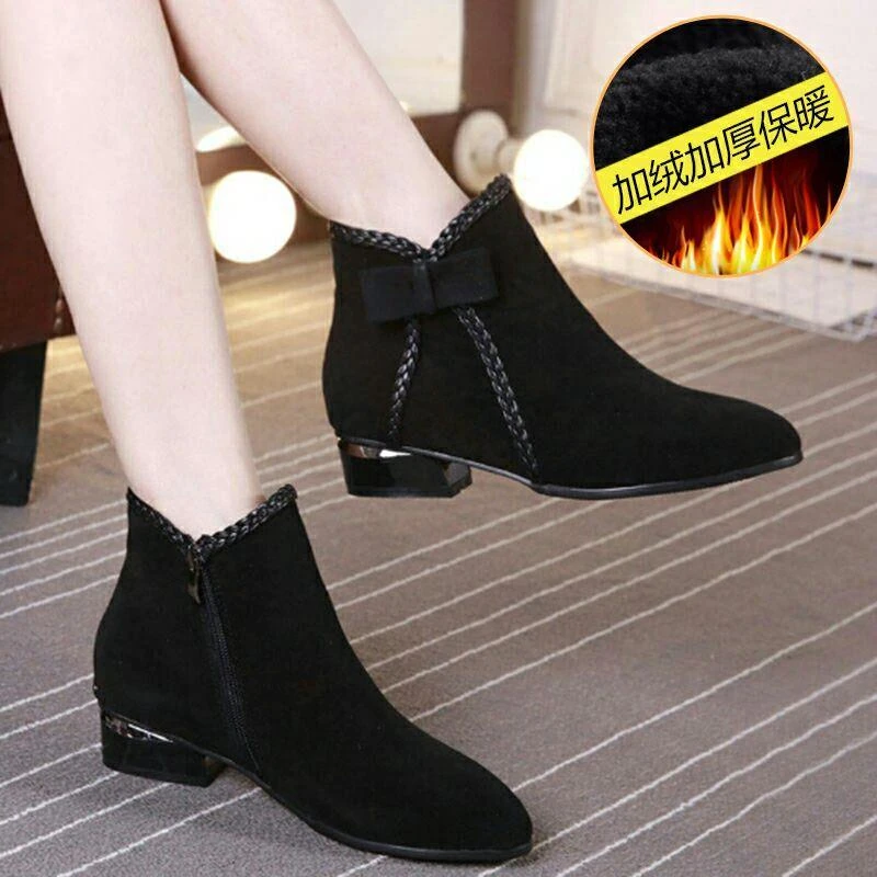 

2022 Women's Boots Suede New Autumn Winter Bowknot Short Boots Low Heel Botas Mujer Large 42