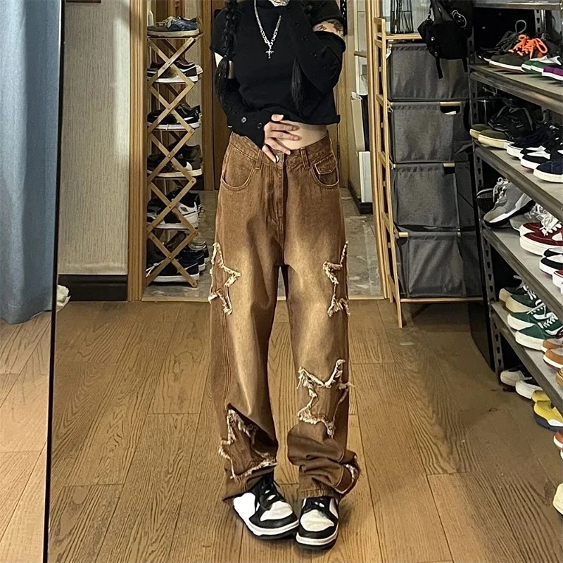 

Vintage Star Trousers Women American Jeans Straight Pants Wide Leg Denim High Street Full Length Zipper Fly Pantalones