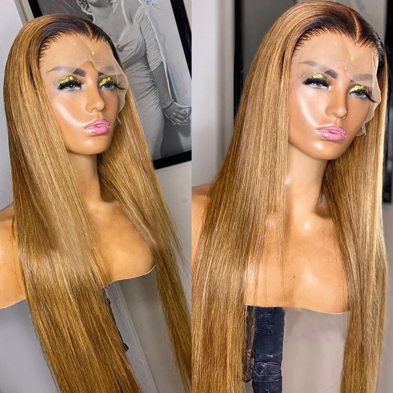 Soft 26inch Long Ombre Honey Blonde Silky Straight Brazilian Human Hair 13x4Lace Front Wig For Black Women PrePlucked BabyHair