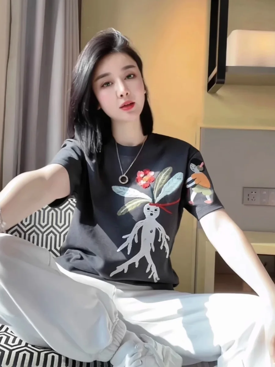 European Goods Machine Embroidery Slish Short Sleeve T-Shirt Women's Summer 2025 Loose Cotton Half Sleeves Easiest for Matc...