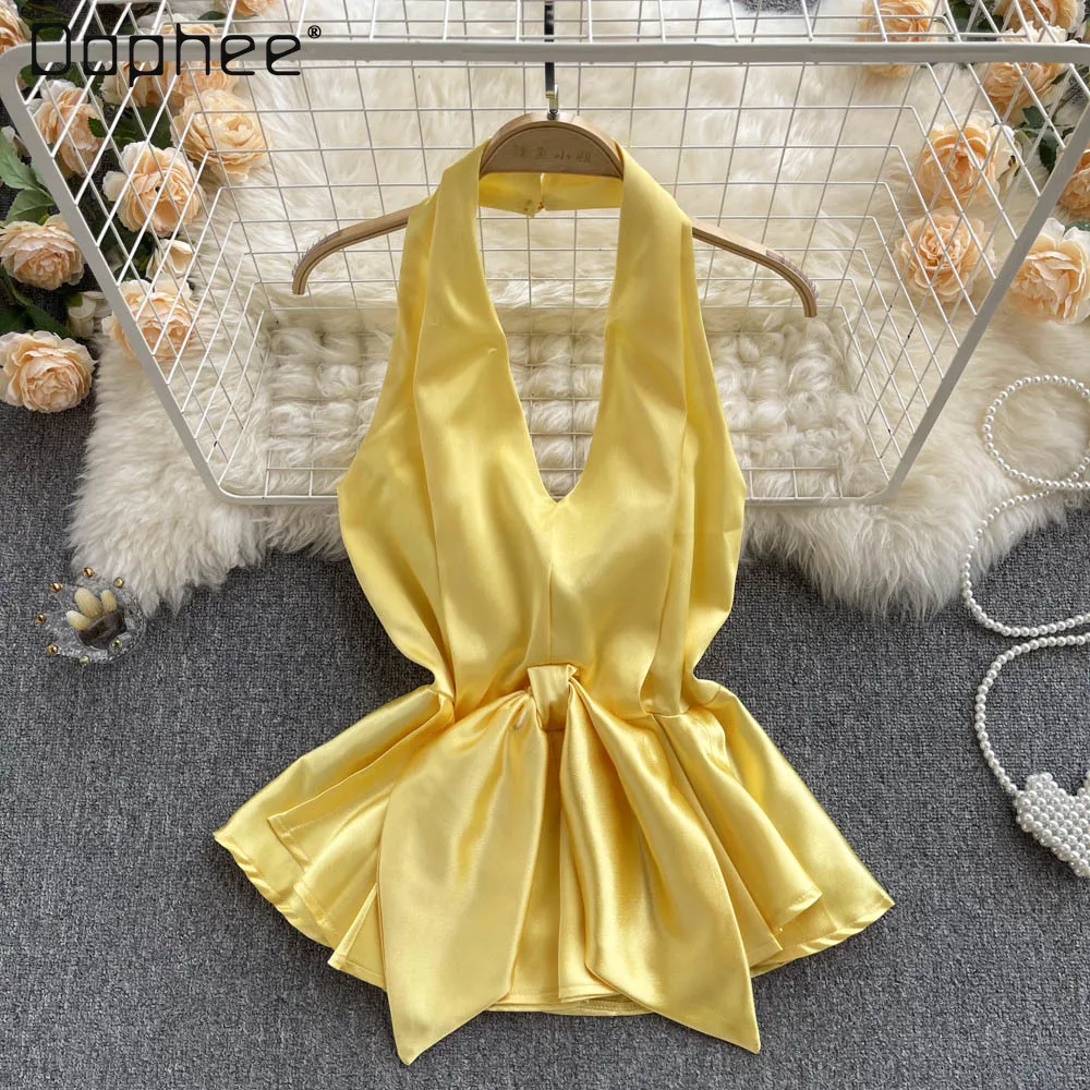 

Woman Elegant Halter Strapless Sexy Backless Shirt Women's Graceful Satin Ruffle Short Blouses Lady Sleveless Corset Top Blouse