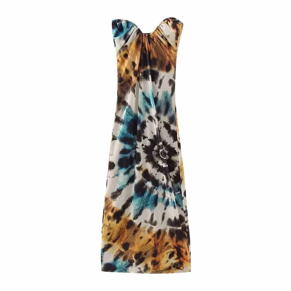 

TRAF Women's 2023 Fashion Dress New Printed Tulle Strapless Female Pleated Decorate Chic Slim Dress Vestidos Mujer 5039396