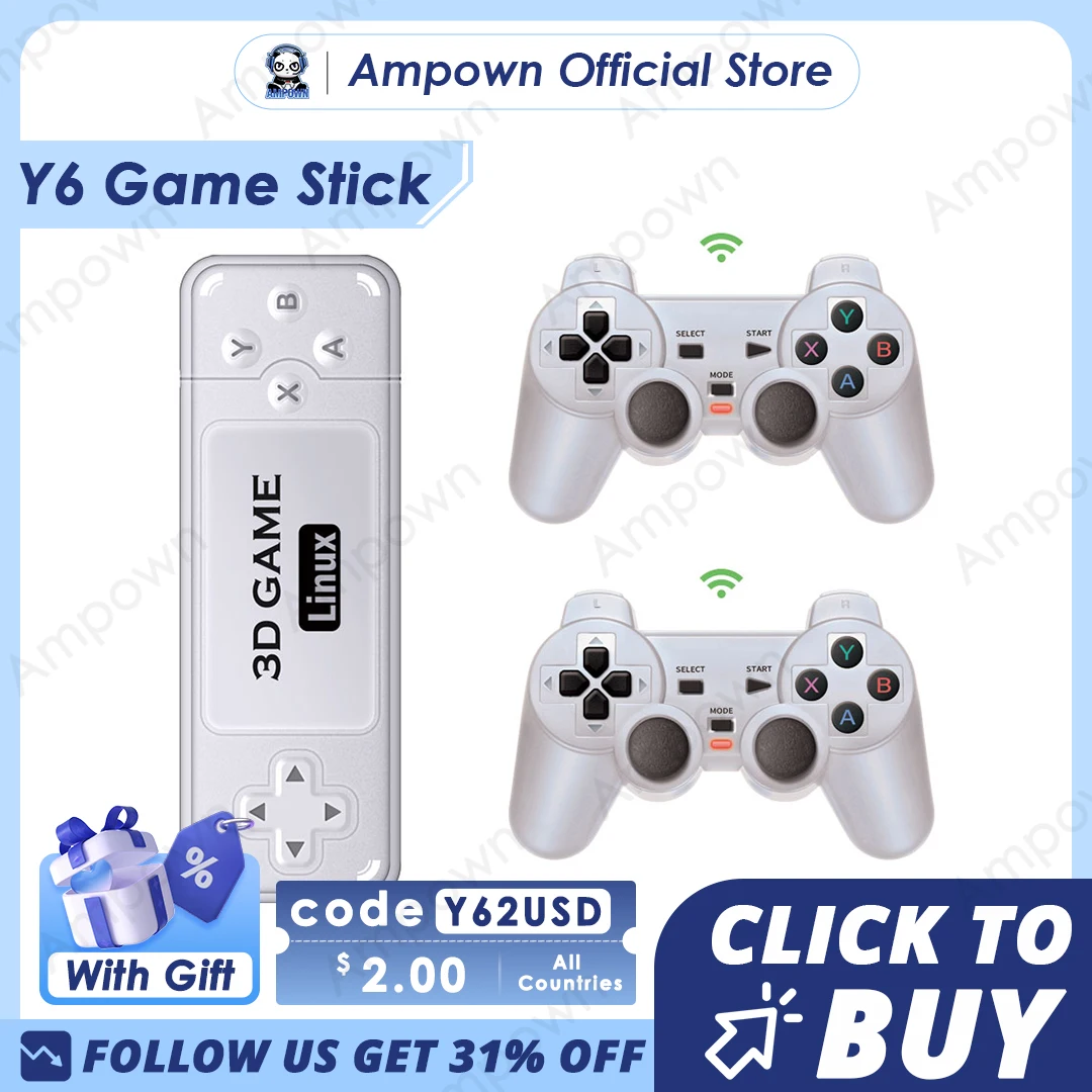 Ampown Y6 Retro Game Console 4K 60fps HDMI Output Low Latency GD10 TV Game Stick Dual Handle Portable Home Game Console for GBA