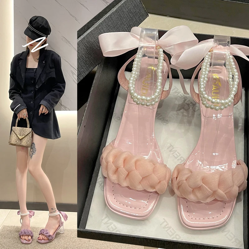 

Женские босоножки на блочном каблуке, бежевые босоножки на высоком массивном каблуке, со шнуровкой и жемчужинами, в стиле ретро, лето 2023