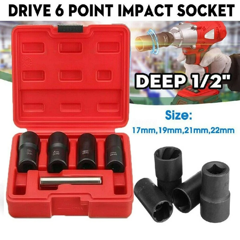 

5PCS/Set Twist Socket Kit 4 Damaged Worn Lug Nut & Wheel Lock Nut Removal Extractor Tool 1/2Inch Drive 17,19, 21, 22mm