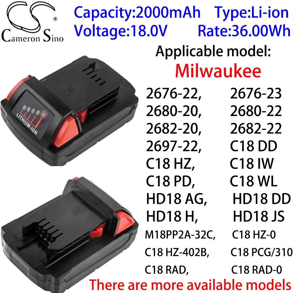 

Аккумулятор Cameron Sino Ithium 2000 мАч 18 в для Milwaukee C18PCG/600T-201B,C18RAD,C18RAD-0,HD18AG-115,HD18AG-115-0,HD18