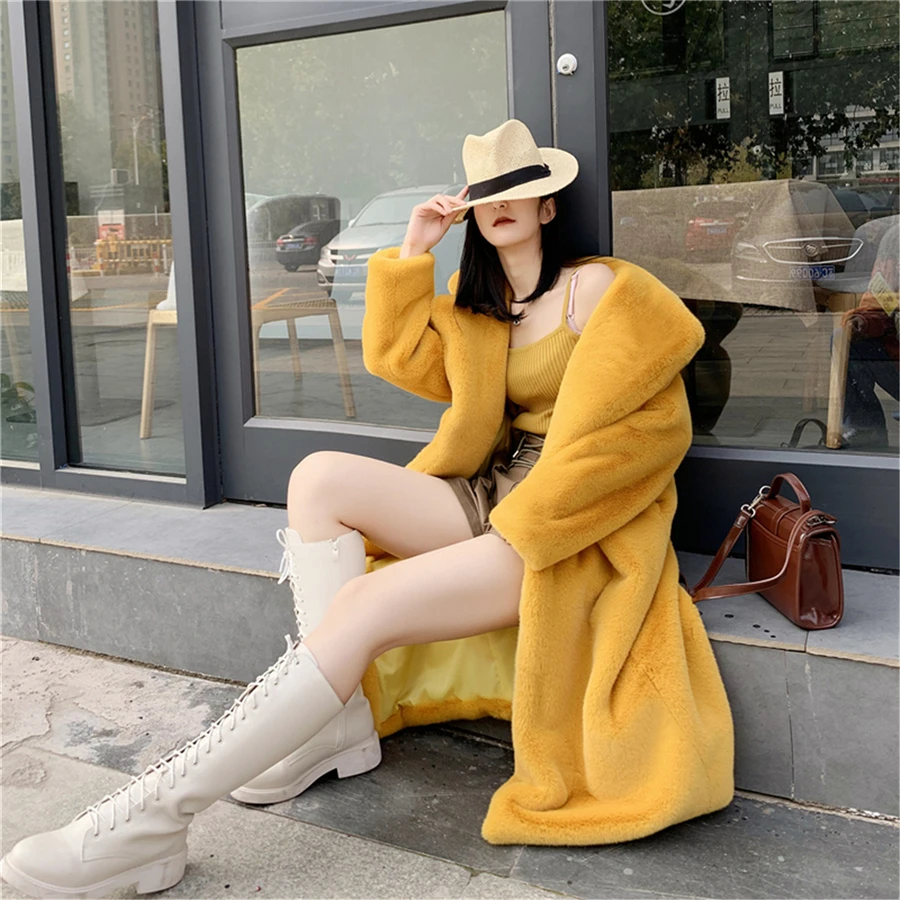 Oversized 5XL Winter Imitation Mink Faux Fur Long Coat Women Warm Thick Overcoat Basic Solid Outwear Soft Cotton Padd Jackets