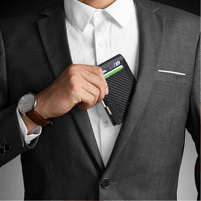 Men's Double Fold Carbon Fiber Leather Wallet RFID Minimalism Business Credit Card ID Badge Holder Bag Money Clip for Men 6